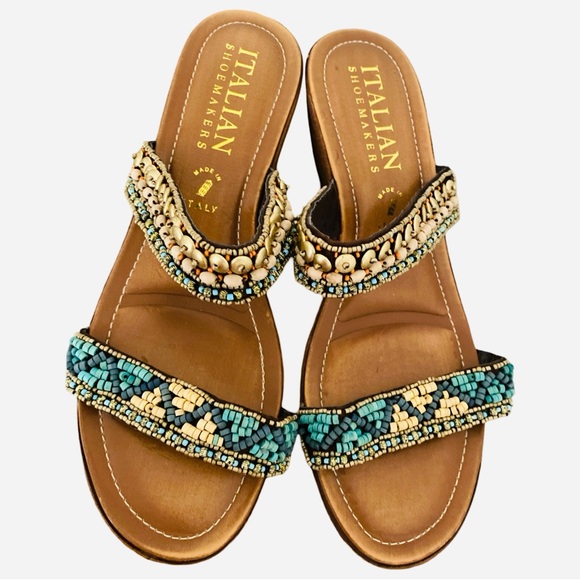 Italian Shoemakers Sandals 9 Beaded Faux Wood Boho Slides - Picture 3 of 7
